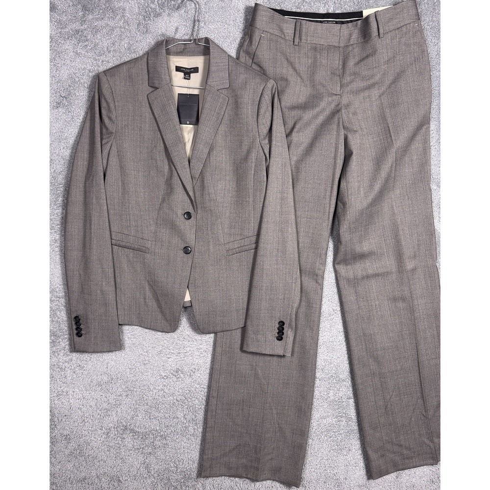 Ann Taylor Suit Womens 10T Tall Pant Suit 2 Piece Wide Leg Trouser Herringbone
